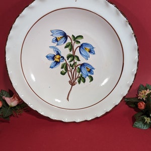 May include: A white ceramic plate with a brown rim and a scalloped edge. The plate features a hand-painted design of blue flowers with yellow centres and green leaves.
