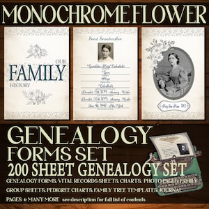 May include: A set of 200 genealogy forms with a vintage typewriter and a monochrome flower design. The forms include vital records sheets, charts, photo pages, family group sheets, pedigree charts, family tree templates, and journal pages.
