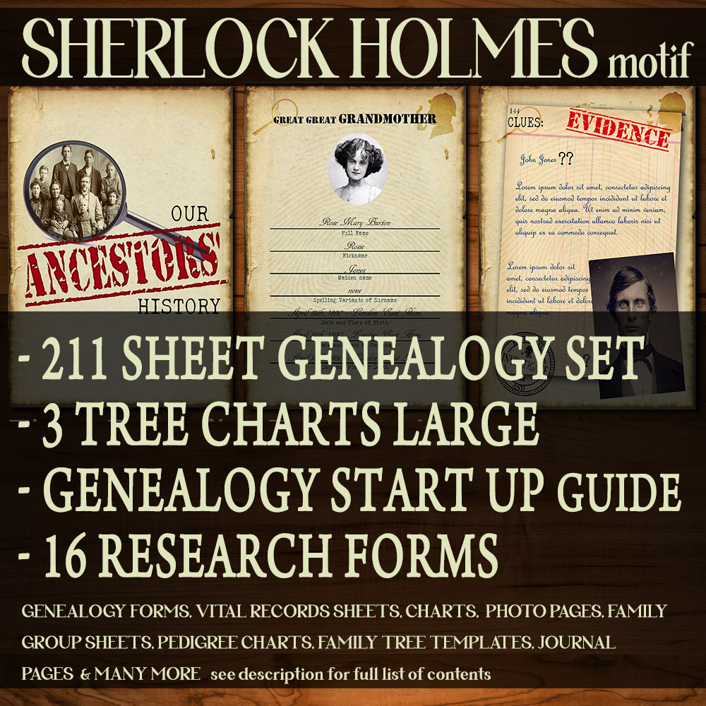 SHERLOCK GENEALOGY BUNDLE 211 Genealogy Forms 16 Research Forms and  Genealogy Guide 3 Poster Size Tree Charts 