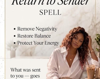 May include: A digital graphic featuring the text POWERFUL Return to Sender SPELL, Remove Negativity, Restore Balance, Protect Your Energy, What was sent to you — goes back, ManifestBestie, No AI, Same Day, Real Guidance, and a person with curly hair.
