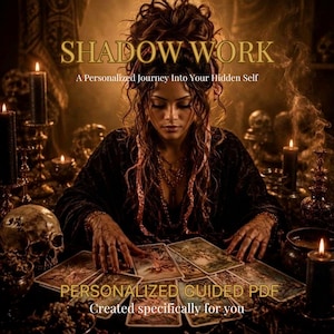 Puede incluir: Una guía digital titulada SHADOW WORK: A Personalized Journey Into Your Hidden Self, con una ilustración de una persona de cabello oscuro rodeada de velas encendidas, una calavera y cartas del tarot, etiquetada como PERSONALIZED GUIDED PDF.