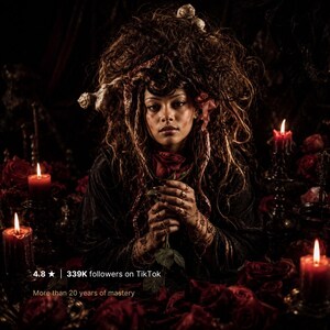 May include: A person with long, dark hair and ornate jewellery holds a red rose, surrounded by red roses and lit candles. The image has a dark, gothic aesthetic. Text on the image reads "4.8 stars | 339k followers on TikTok" and "More than 20 years of mastery."