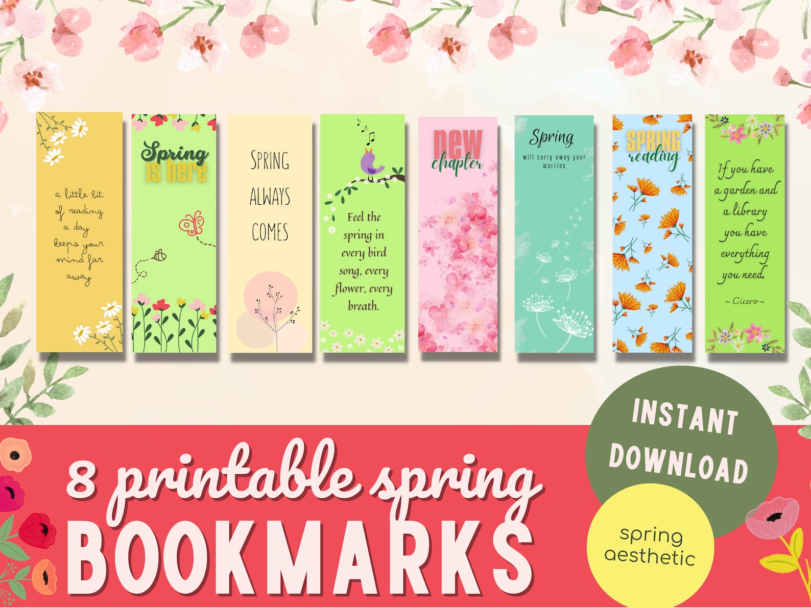 Spring Bookmarks, Printable Bookmarks, Digital Bookmarks, Bookmarks ...