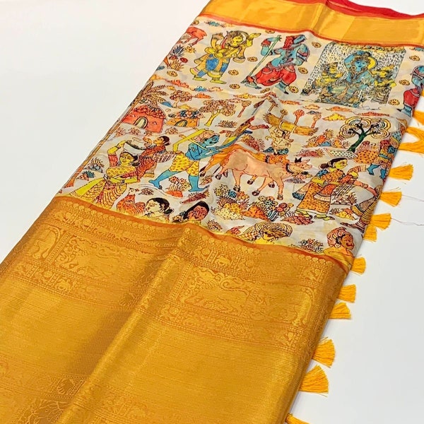 kalamkari saree, silk saree, kalamkari, kanjivaram saree, soft silk saree, wedding saree, traditional saree