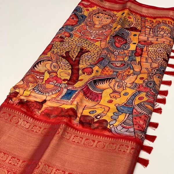 kalamkari saree, silk saree, kalamkari, kanjivaram saree, soft silk saree, wedding saree, traditional saree