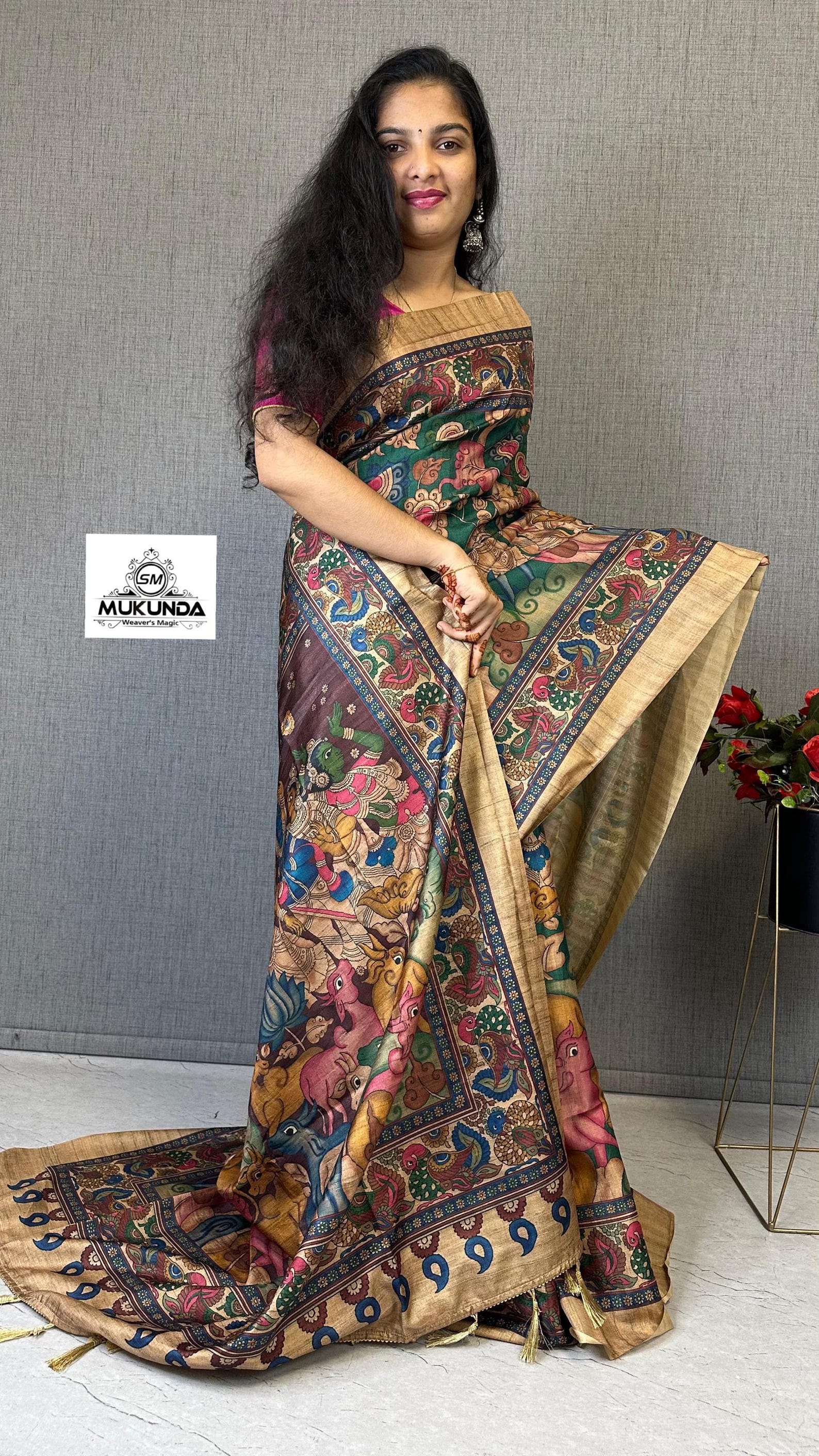 Soft Silk Saree with Kalamkari Motifs and Jacquard Border for Women