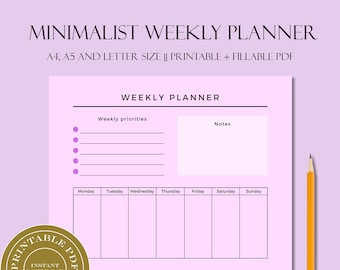 Minimalist Weekly Planner Printable - Lavender || Daily To Do List for Work/Home || Productivity Planner || A4 || A5 || Letter