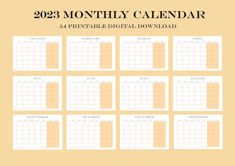 2023 Minimal Calendar Digital Download Sunset Orange Etsy
