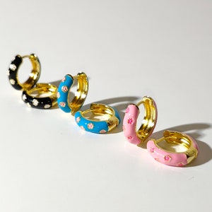 Enamel Flower Huggie Hoop Earrings - Flower Pattern Hoop Earrings - Floral Hoop Earrings - Enamel Flower Earrings - Huggie Hoop Earrings