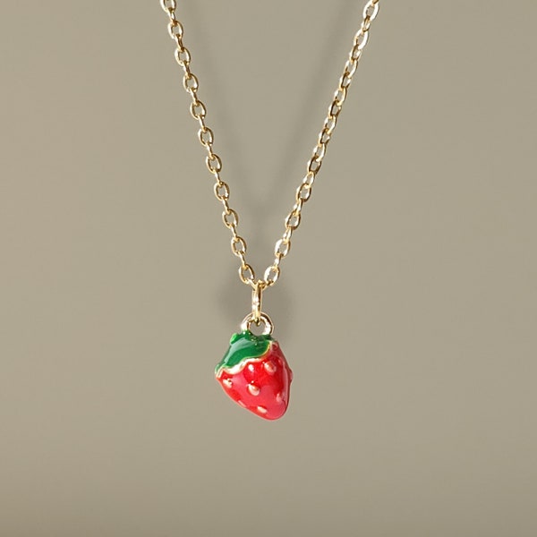 Collier fraise - Chaîne plaquée or 18 carats avec jolie breloque fraise, collier fraise, cadeau