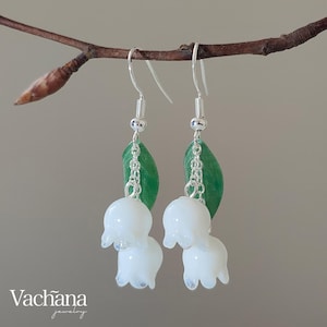 Sterling Silver 925 White Lampwork Lily of The Valley Dangle Earrings