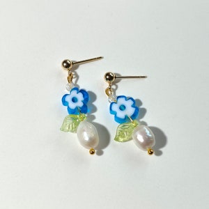 Dangle Blue flower Millefiori ball stud earrings, acrylic leaf, pearl