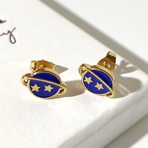 Blue Planet Stud Earrings, Planet Earrings, Stainless Steel Stud Earrings