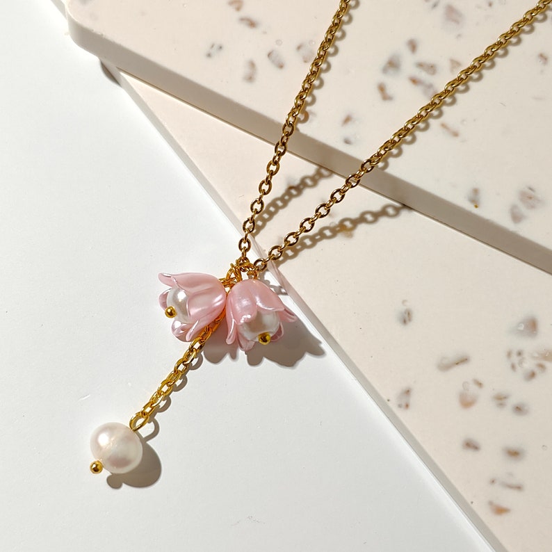 Pink Lilly Necklace 18k gold plated chain with acrylic flower and leaf ...