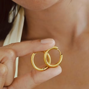 May include: A pair of gold hoop earrings. The earrings are circular and have a simple design. The hoops are held between fingers, showing their size and shape. The earrings appear to be made of a shiny metal.