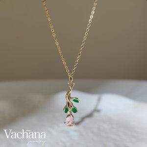 Enamel Rose Necklace - 18k gold plated chain with pink rose charm, valentine gift, gift, rose necklace