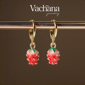 Strawberry Huggie Hoop Earrings - 18k gold plated hoops with mini strawberry charms earrings | earrings| fruit earrings