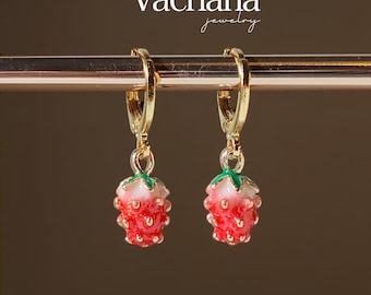 Strawberry Huggie Hoop Earrings - 18k gold plated hoops with mini strawberry charms earrings | earrings| fruit earrings