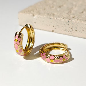 Pink Enamel Flower Huggie Hoop Earrings, 18k Gold Plated Hoop Earrings, Enamel Flower Earrings