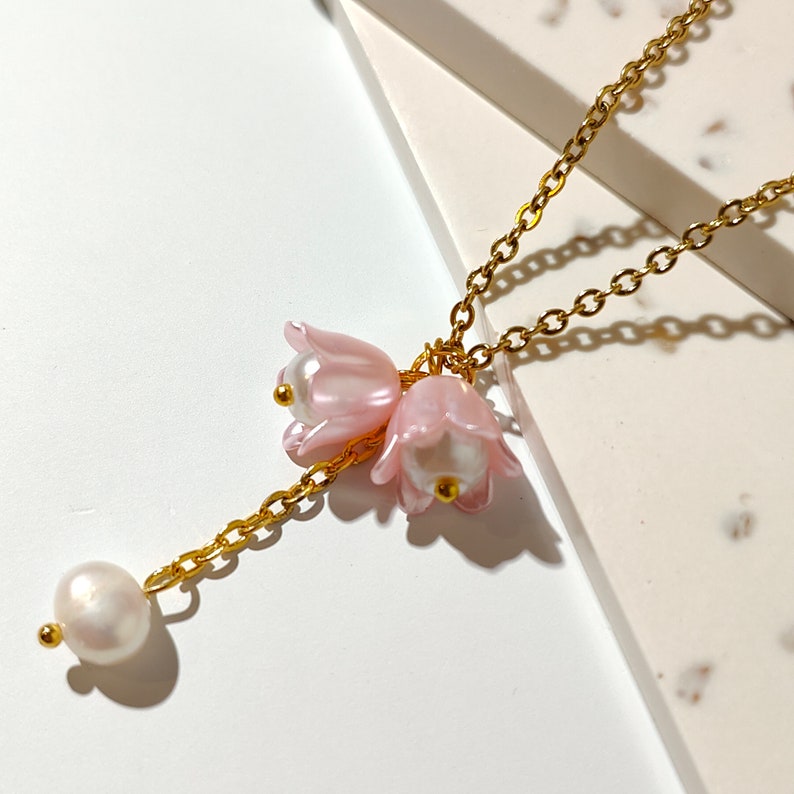 Pink Lilly Necklace 18k gold plated chain with acrylic flower and leaf ...