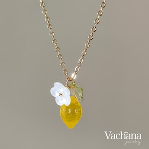 Lemon Necklace - 18k gold plated chain with glass lemon, flower and leaf, kawaii Lemon necklace, gift