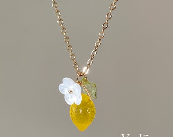 Lemon Necklace - 18k gold plated chain with glass lemon, flower and leaf, kawaii Lemon necklace, gift