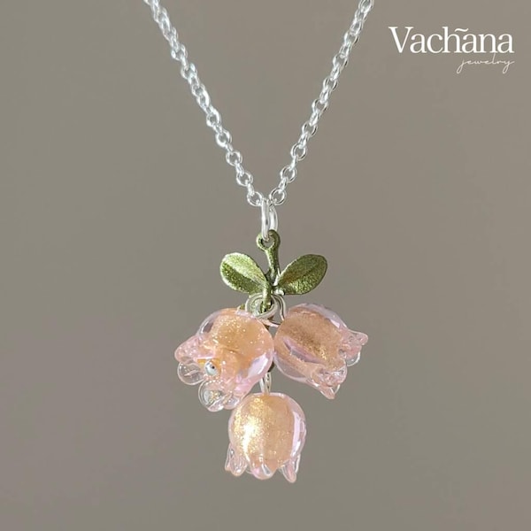 Vachana - Sterling Silver 925 Pink Peach Lily of The Valley Necklace