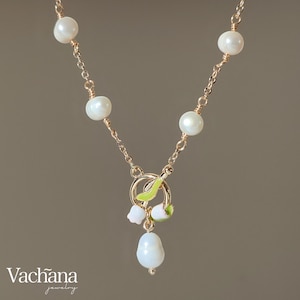Handmade Natural Freshwater Pearl Enamel Lily of the Valley Toggle Clasp Necklace