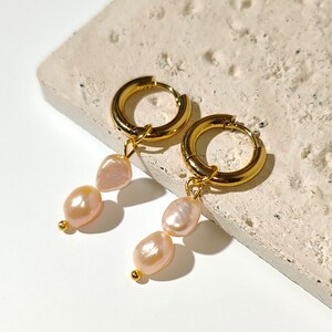 Double Peach Pearls Hoop Earrings, 18k gold plated chucky hoops