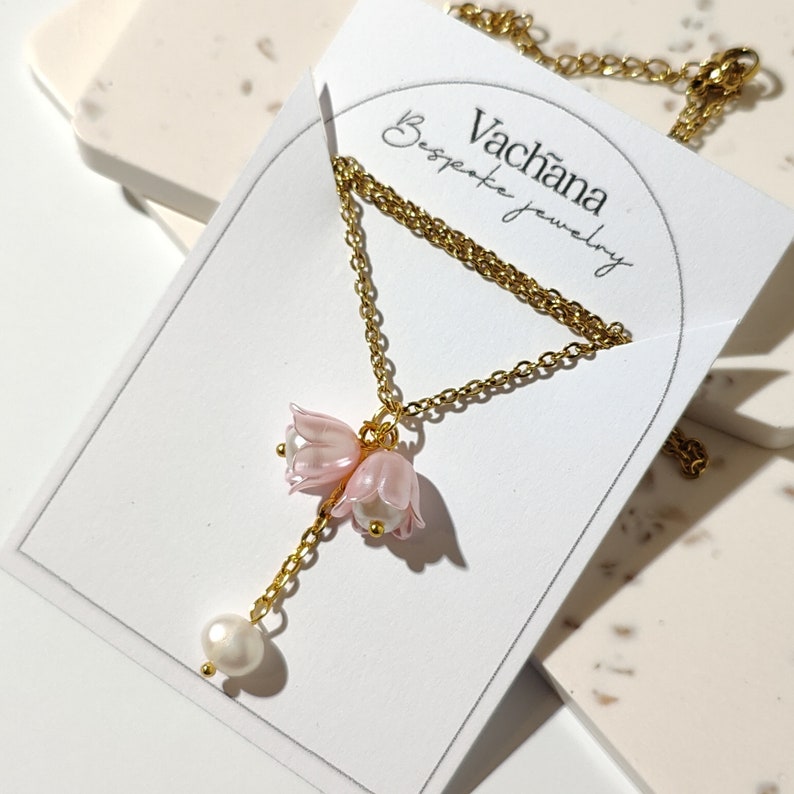 Pink Lilly Necklace 18k gold plated chain with acrylic flower and leaf ...