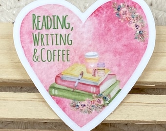 Reading, Writing and Coffee - Heart - 2” Vinyl Sticker - Vintage Inspired - Funny