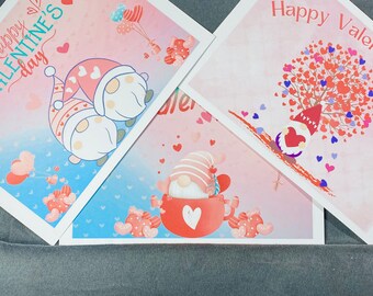 Gnomes Valentine’s Day Cards w/Envelopes - 6 Pack - 2 of Each Design - 5”x7” - Blank Backs