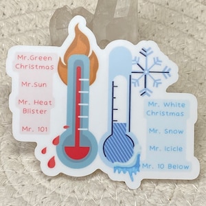May include: A sticker featuring two thermometers, one with a flame and the other with a snowflake. The left thermometer shows high heat, while the right shows cold. Text includes "Mr. Green Christmas" and "Mr. White Christmas."