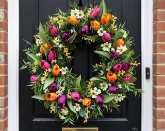 Spring Tulip Wreath for Front Door | Large 55–60cm Handmade Floral Wreath | Spring Door Decor Tulip Wreath Floral front door wreath