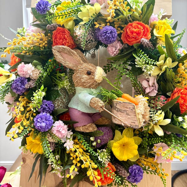 Easter Wreath for Front Door | Spring Wreath UK | Bunny Easter Door Decoration | Pastel Spring Front Door Wreath
