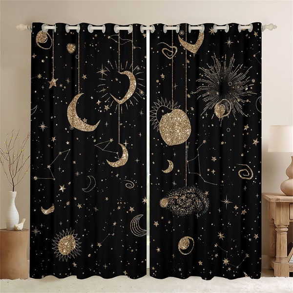 SPECIAL SALE, Golden Sun Moon Curtain Set, Starry Galaxy Sequins Glitter Window Drapes, Shining Stars Sky Constellation Curtains, Handmade