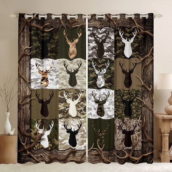 Deer Antler Window Drapes, Jungle Animal Skull Silhouette Curtain Set, Army Green Brown Camouflage Plaids Splicing Window Curtains, Handmade