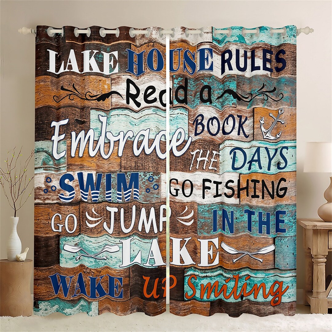 Lake House Window Curtains, Rustic Farmhouse Style Wooden Board Print