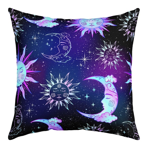 Exotic Sun Moon Pillow Cover, Starry Galaxy Shining Glitter Sofa Cushion Cover, Mystic Universe Purple Black Pillow Case Cover, Handmade