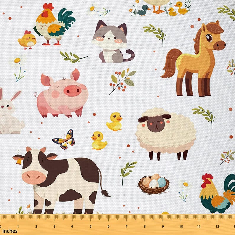 Farm Animal Fabric by the Yard, Rustic Farmhouse Fabric for Upholstery
