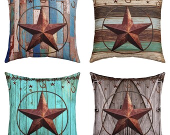 Set of 4 Retro Star Pillow Cover Set, Rustic Farmhouse Wooden Plank Cushion Cover, Western Cowboy Stars Reversible Pillow Cover, Handmade