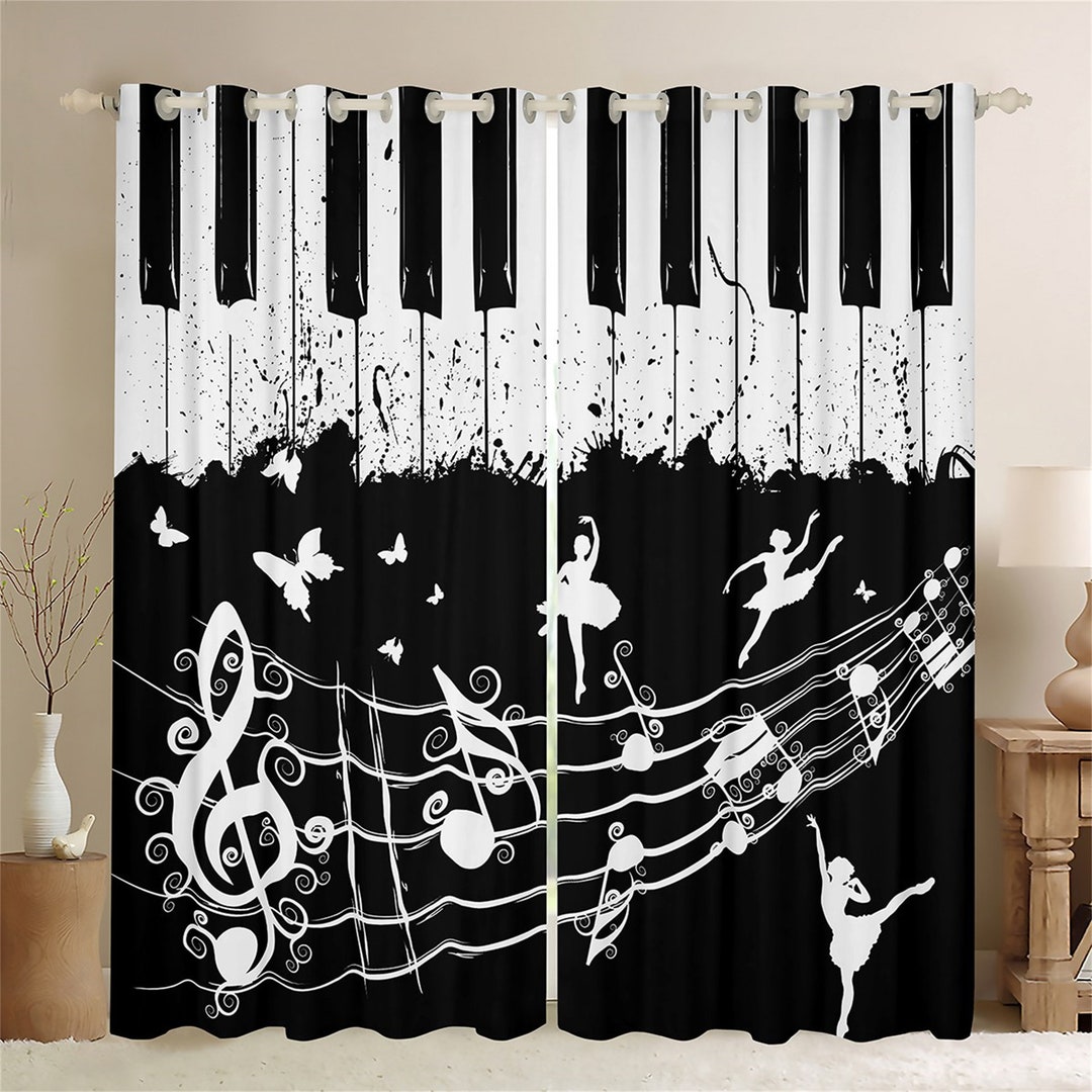 Music Theme Black White Window Curtains Musical Note Piano Etsy