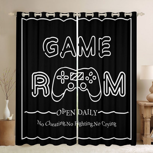 Game Pad Window Curtain Set, Video Game Controller Kids Boys Curtains, Modern Playing Games Black/Blue Minimalism Window Drapes, Handmade