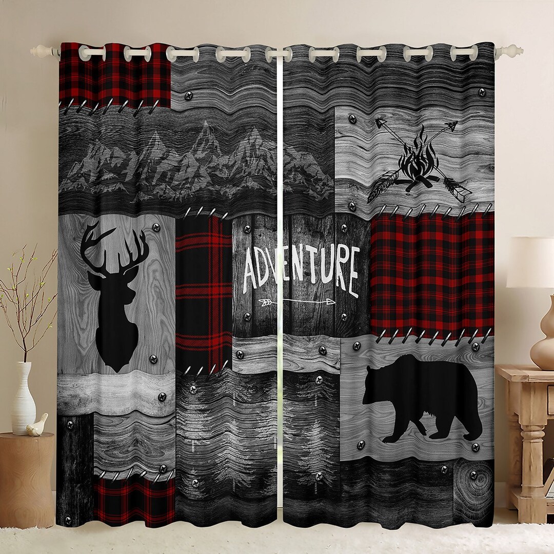 Nature Adventure Gray Window Curtains, Wild Animal Bear Deer Antler ...