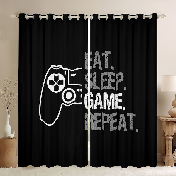 Game Pad Handmade Window Curtains, Eat Sleep Gaming Repeat Window Drapes, Kids Teens Play Games Black Minimalism Curtain Set