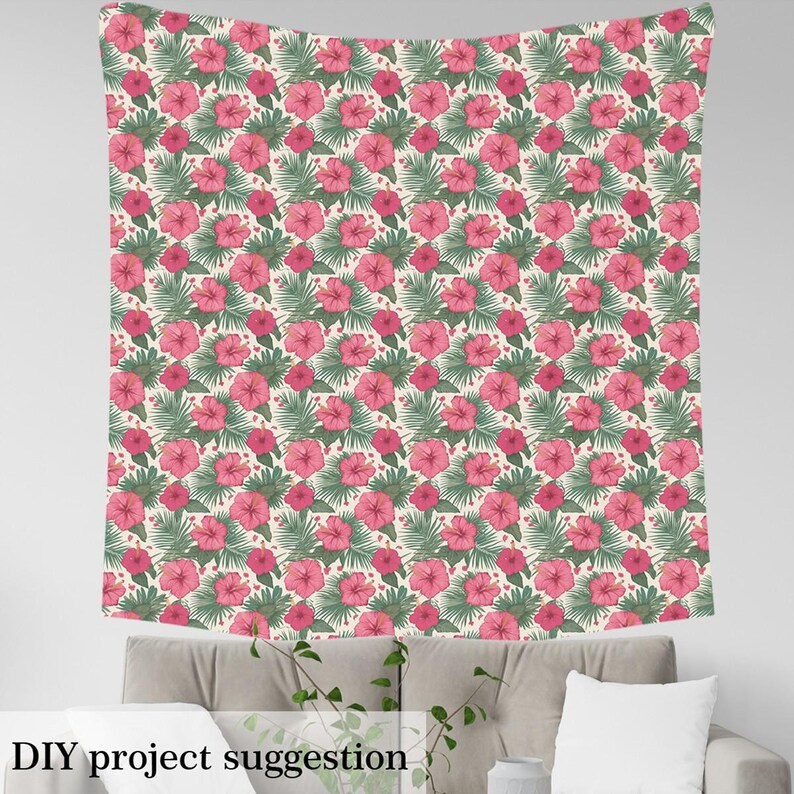 Tropical Pink Flowers Fabric by the Yard, Jungle Palm Leaves Polyester