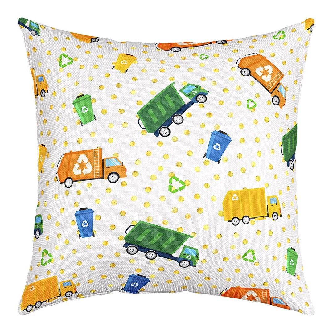 Cartoon Garbage Trucks Pillow Cover, Colorful Rubbish Bin Vehicles