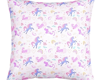 Housse de coussin licorne faite main, housse de coussin animal mignon dessin animé, housse de taie d'oreiller graffiti étoiles coeurs arc-en-ciel, rose violet