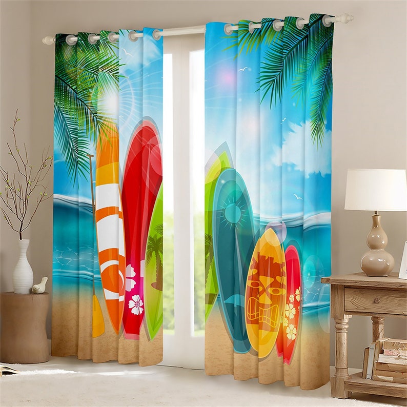 Hawaiian Seaside Window Curtains, Summer Beach Watercolor Ocean Sky
