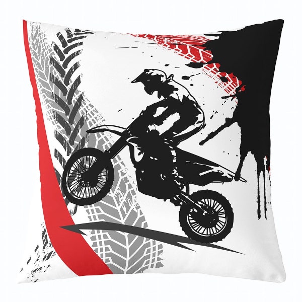 Motorcycle Pillow Cover, Extreme Sports Motocross Rider Silhouette Pillow Case Cover, Dirt Bike Tyre Hippie Graffiti Cushion Cover, Handmade